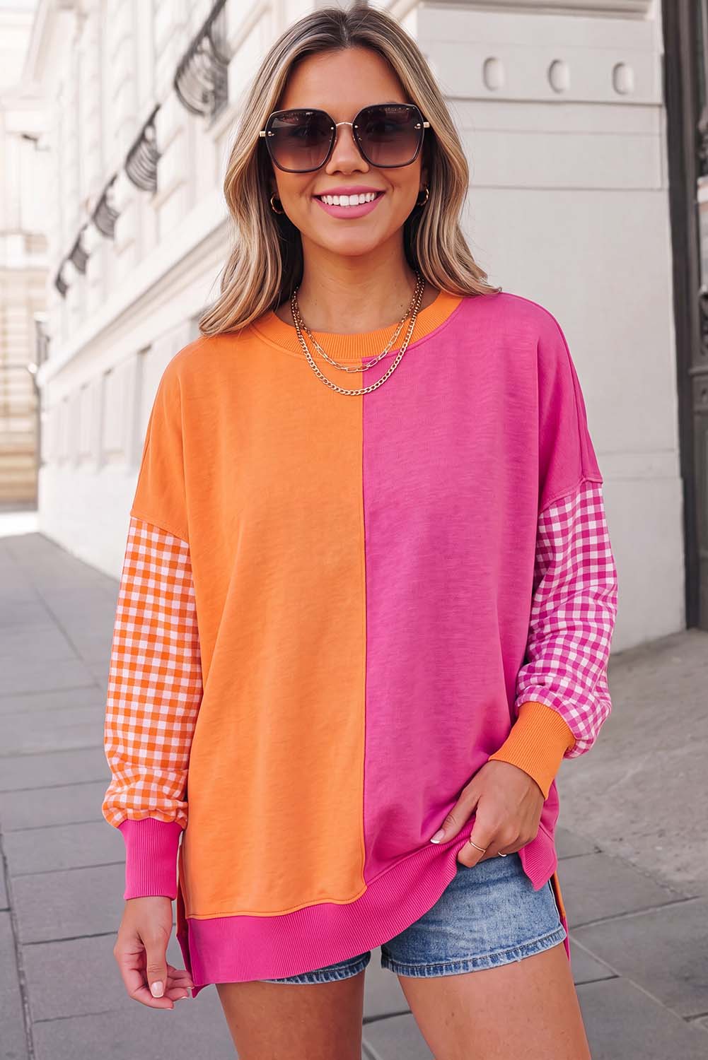 Plaid Print Crewneck Gingham Sleeve Sweatshirt FW26 | S-XL: Rose Red / M