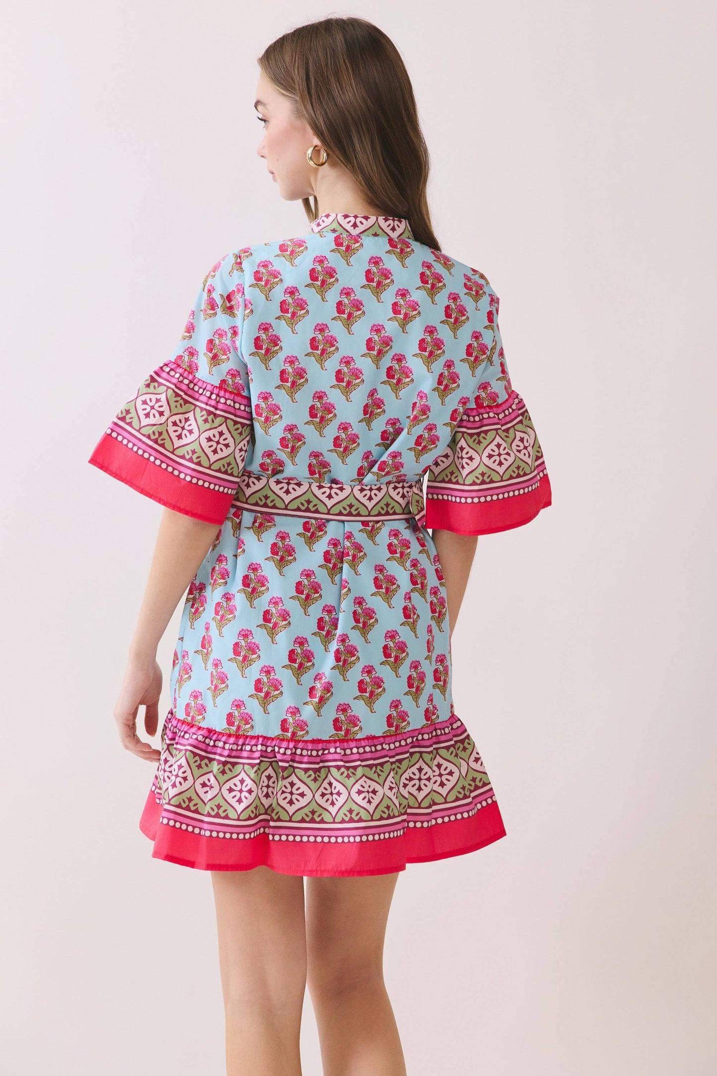 CD06716-Printed Belted Mini Dress with Contrast Border: MULTI / M